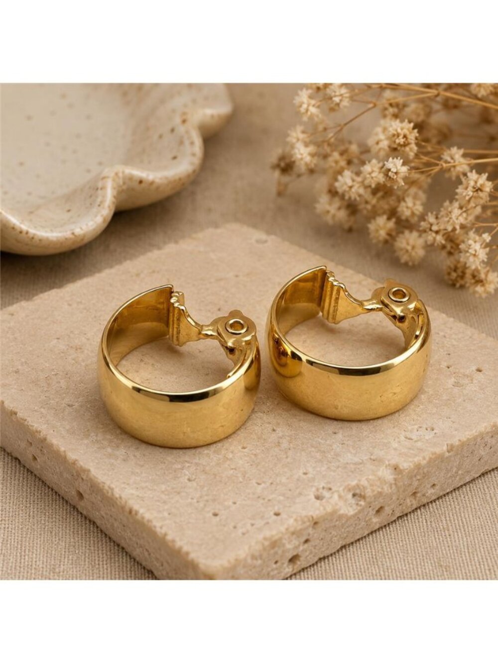 Vintage Signed Monet Gold Tone Wide Hoop Clip On Earrings 20.3mm Huggie